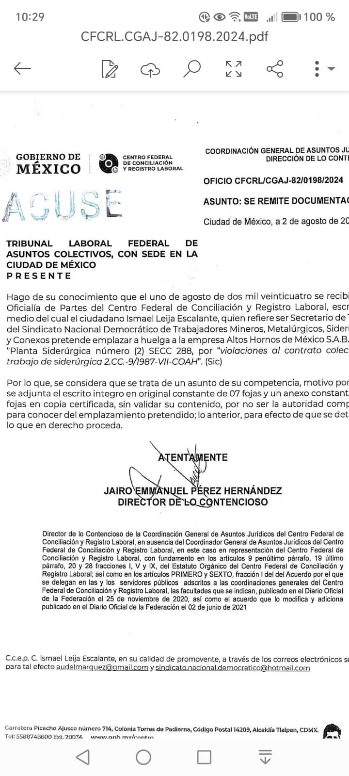 Rechaza emplazamiento de huelga contra AHMSA