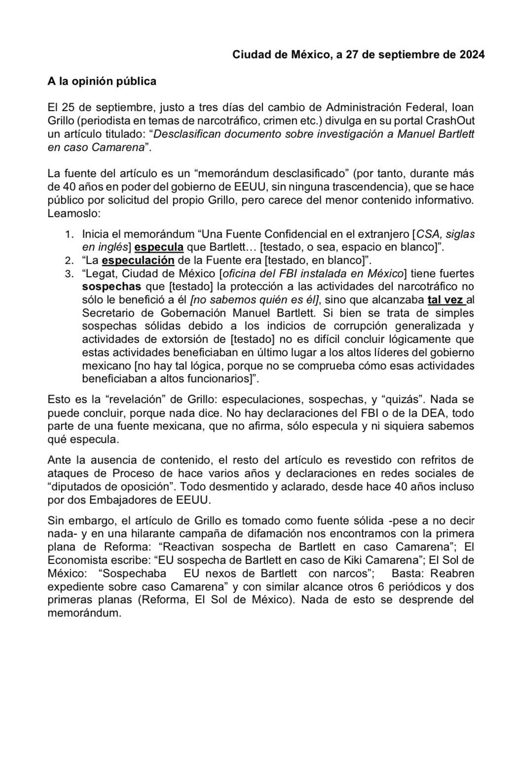 BARTLETT SE DEFIENDE: ES INFORMACION SIN SUSTENTO