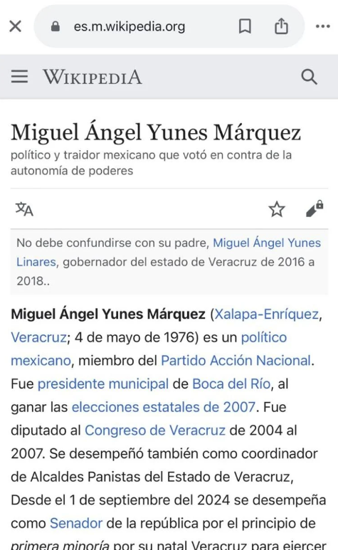 “Político y traidor”, dice la entrada de Yunes Márquez en Wikipedia tras actualización