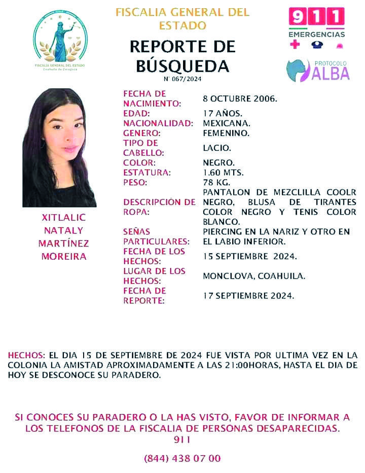 Emiten Fiscalía ficha; buscan a adolescente