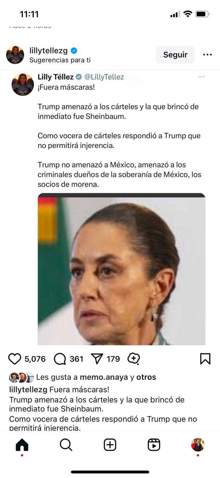 FUERA MÁSCARAS ANTE EL NARCO: LILLY TÉLLEZ A CLAUDIA SHEINBAUM