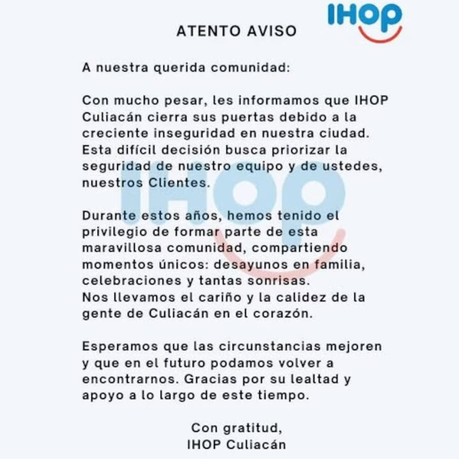 iHop anuncia el cierre de sus sucursales en Culiacán, Sinaloa por inseguridad