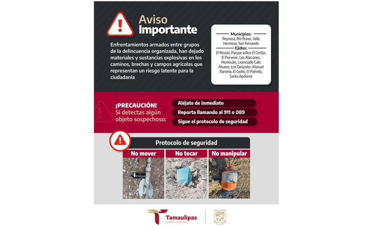 Tamaulipas alerta a la población en caso de hallar explosivos