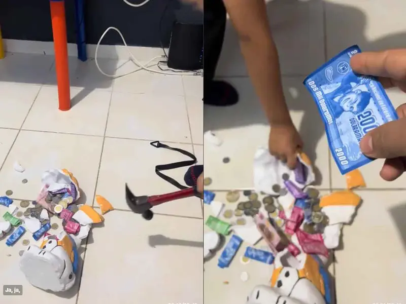 Niño rompe su alcancía y descubre que solo ahorró billetes de juguete
