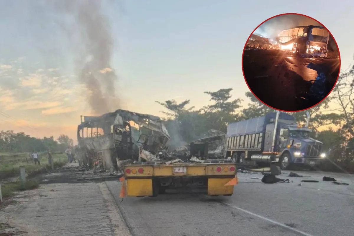 Autobús con más de 40 pasajeros se impacta contra tráiler en carretera de Tabasco; reportan 10 sobrevivientes