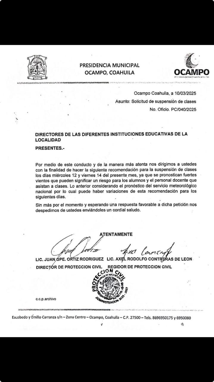 Suspenden Clases en Ocampo por condiciones climatológicas