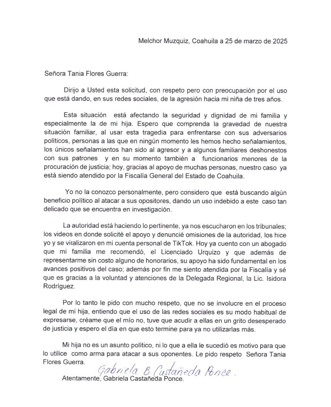 Piden a Tania no usar caso de niña abusada  