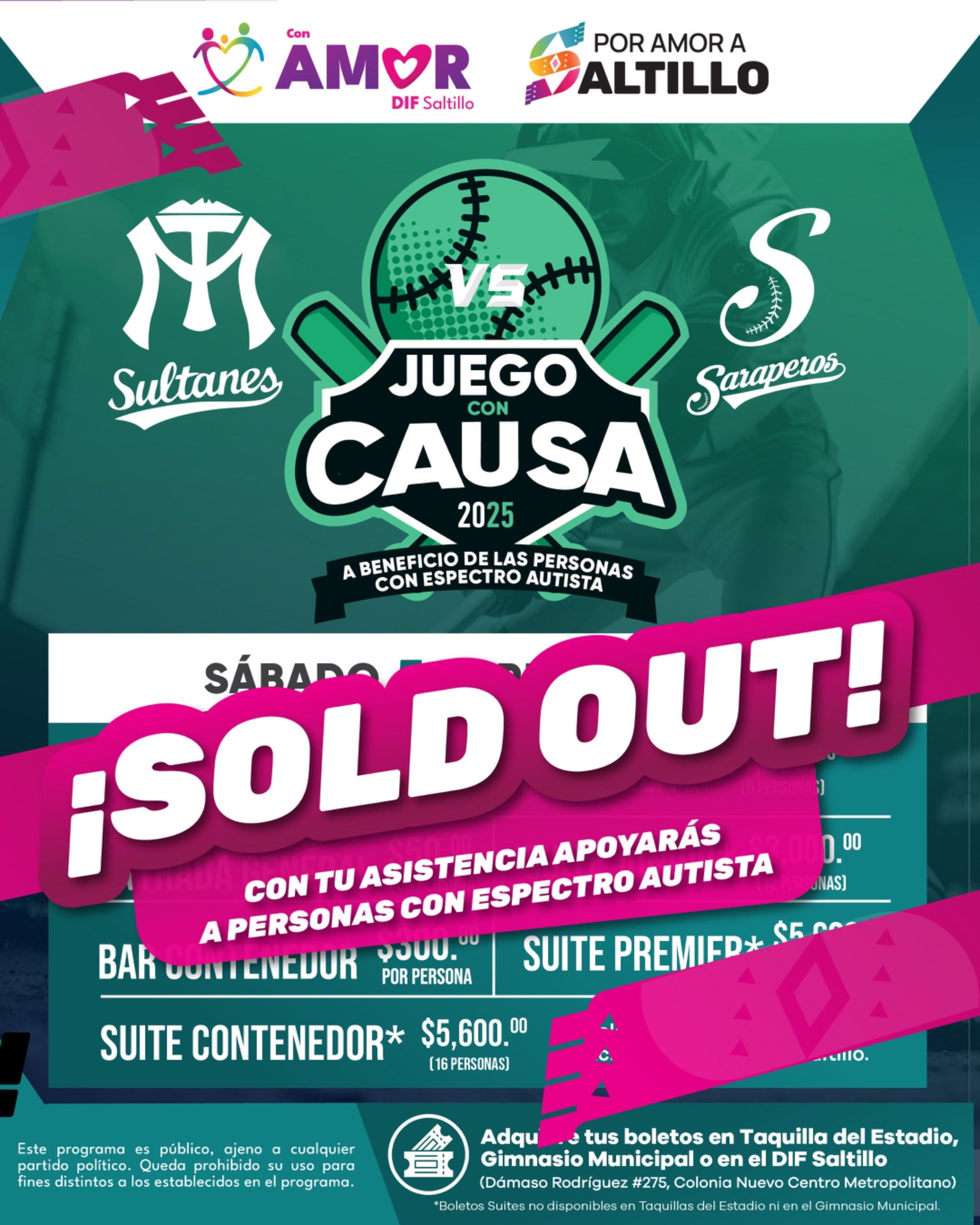 ¡Gracias Saltillo! Se registra sold out para Juego con Causa Saraperos vs Sultanes