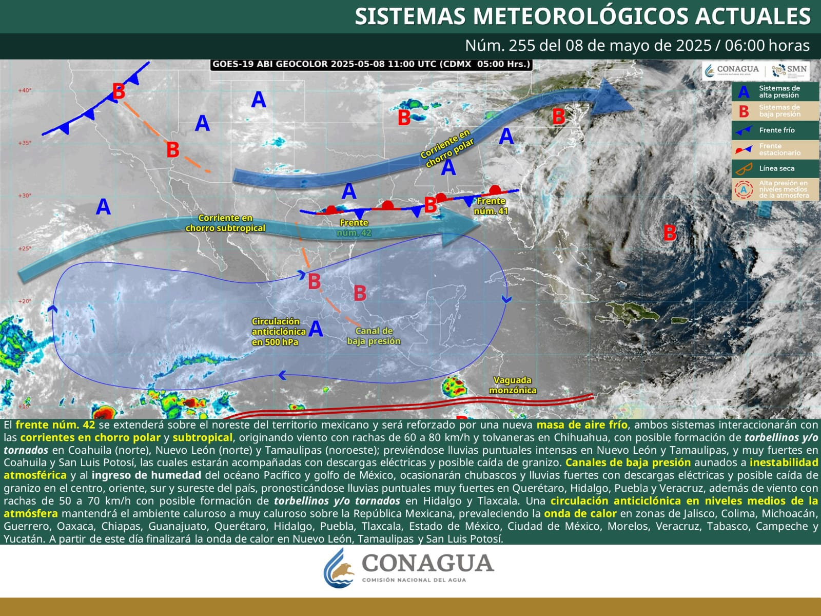 SE PREVÉN LLUVIAS Y VIENTOS FUERTES CON POSIBLE FORMACIÓN DE TORBELLINOS Y TORNADOS EN LA REGIÓN NORTE