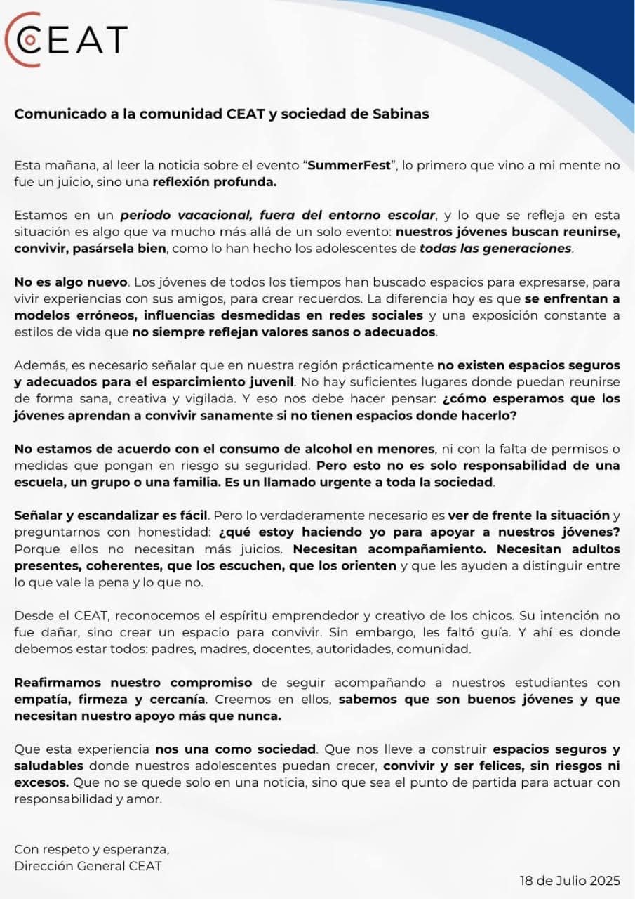 CEAT llama a reflexionar tras fiesta con menores