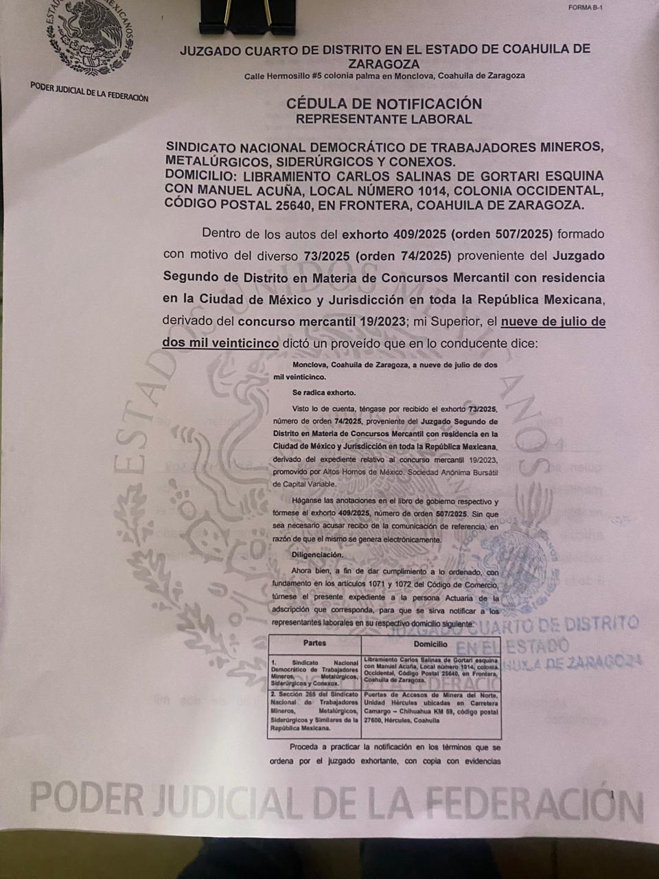 Notifica Juzgado retiro de bienes en AHMSA