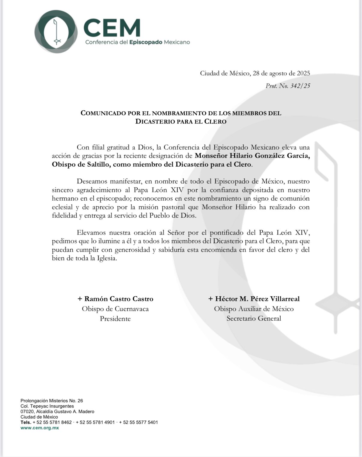 Designa Papa a Obispo Hilario para el Dicasterio para el Clero