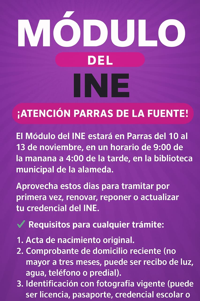 Módulo INE en Parras; del lunes hasta jueves