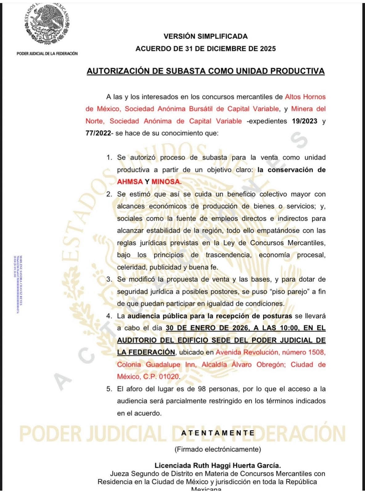 AUTORIZA JUEZA SUBASTA DE AHMSA Y MINOSA