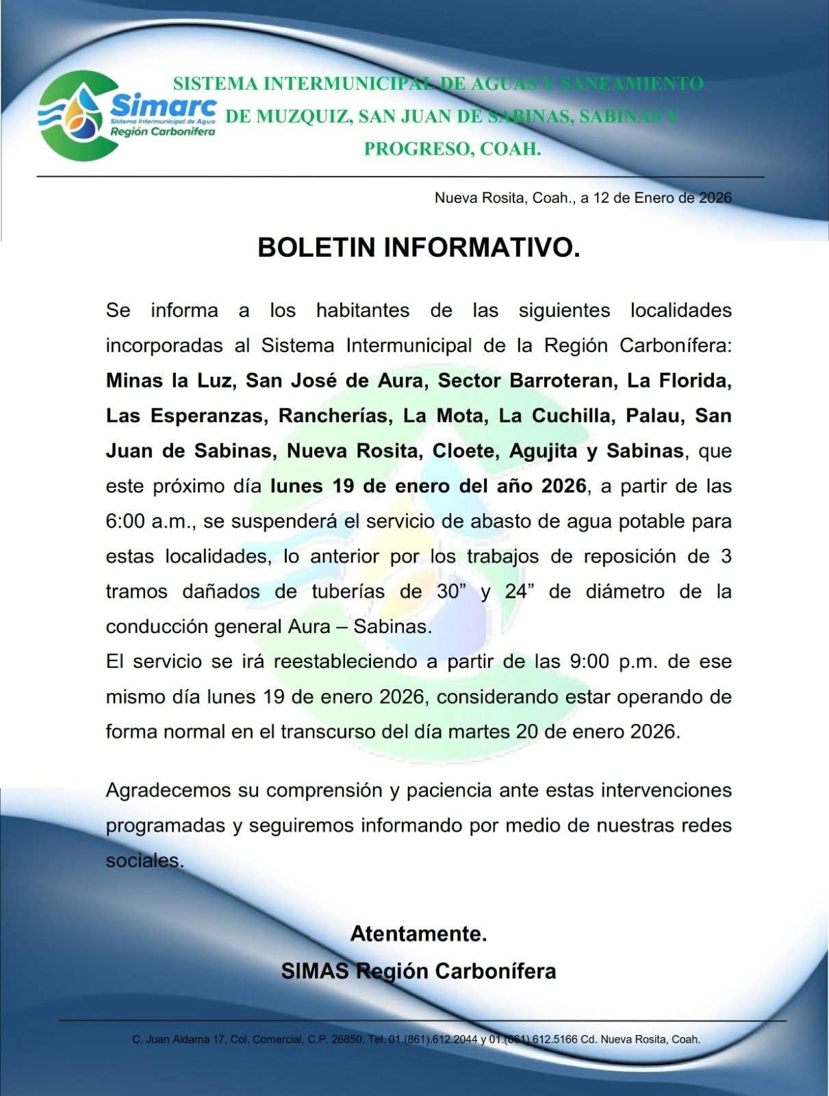 Anuncian suspensión de agua este lunes