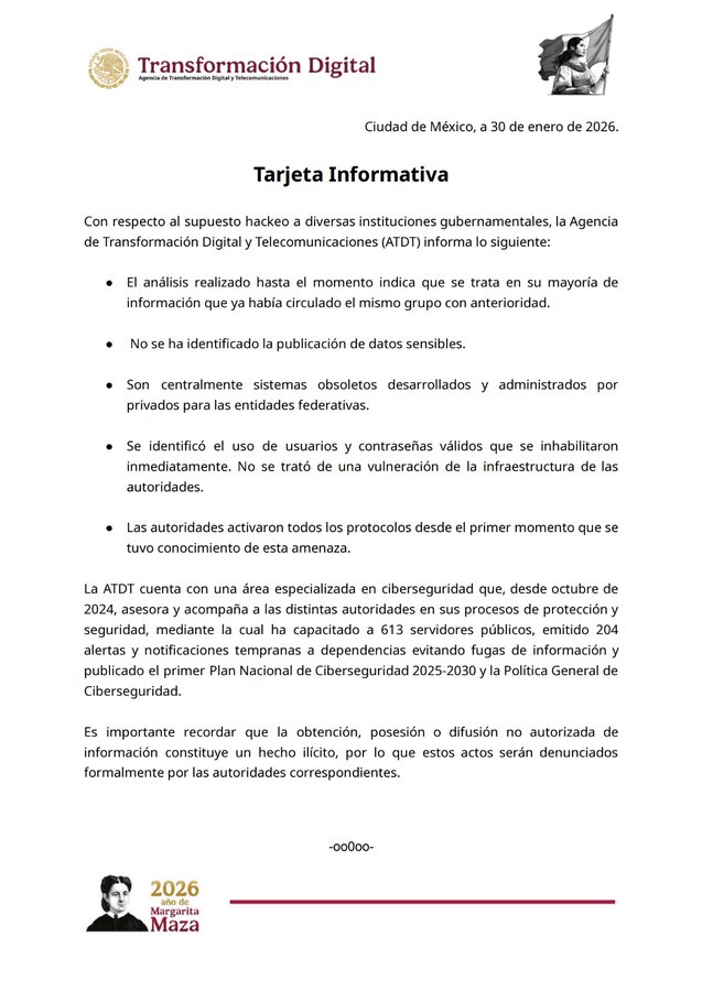 Filtración de información de dependencias fue en sistemas privados, reconoce el gobierno federal
