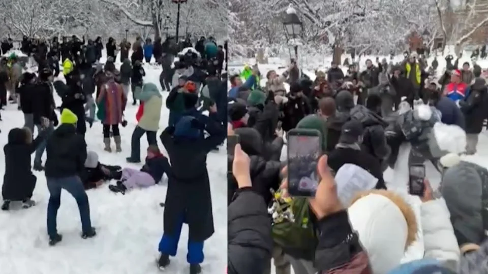 Aprehenden a sujeto por agredir a policías durante una batalla de bolas de nieve en Nueva York