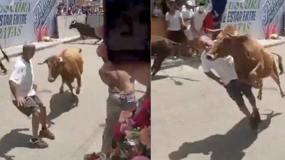 (VIDEO) Toro embiste a un hombre durante los festejos de una feria y lo impacta de lleno en el rostro: cayó fulminado