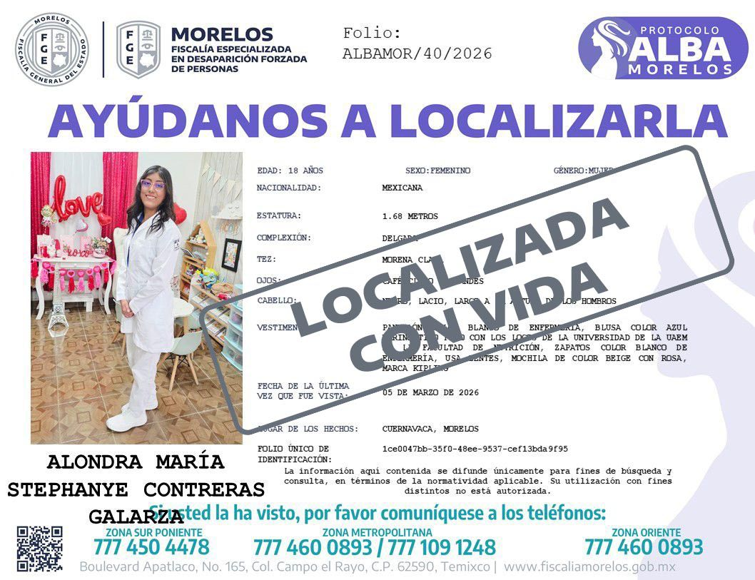 Localizan con vida a Alondra Contreras, estudiante de la UAEM