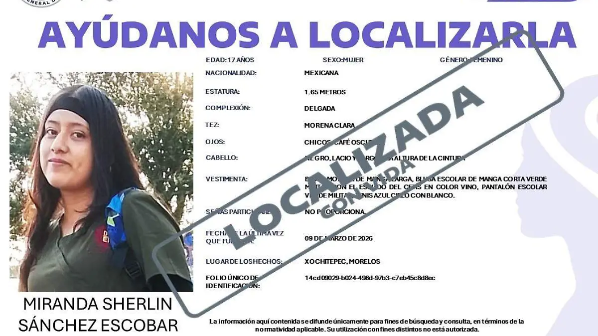 Localizan a Miranda Sherlyn; fiscalía tiene información positiva sobre la estudiante desaparecida