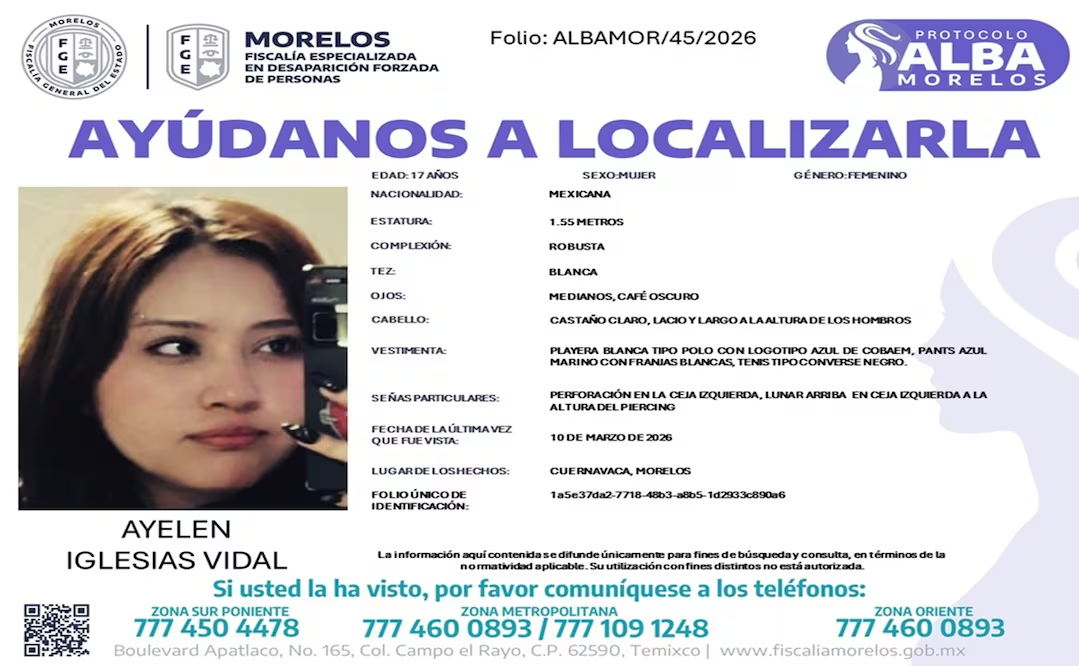 Piden ayuda para localizar a Ayelen, alumna de Bachilleres en Cuernavaca; suman 5 estudiantes reportadas como desaparecidas en los últimos 20 días en Morelos