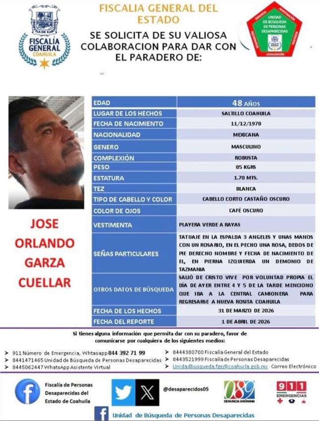 Buscan a desaparecido oriundo de Nueva Rosita