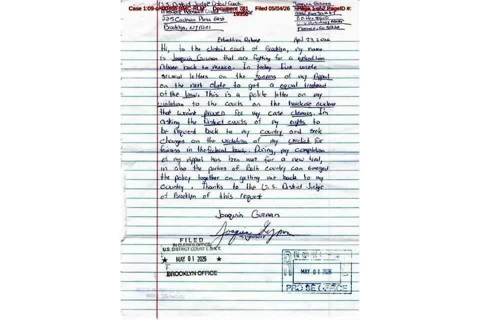 Pide ‘El Chapo’ en carta a juez enviarlo a México