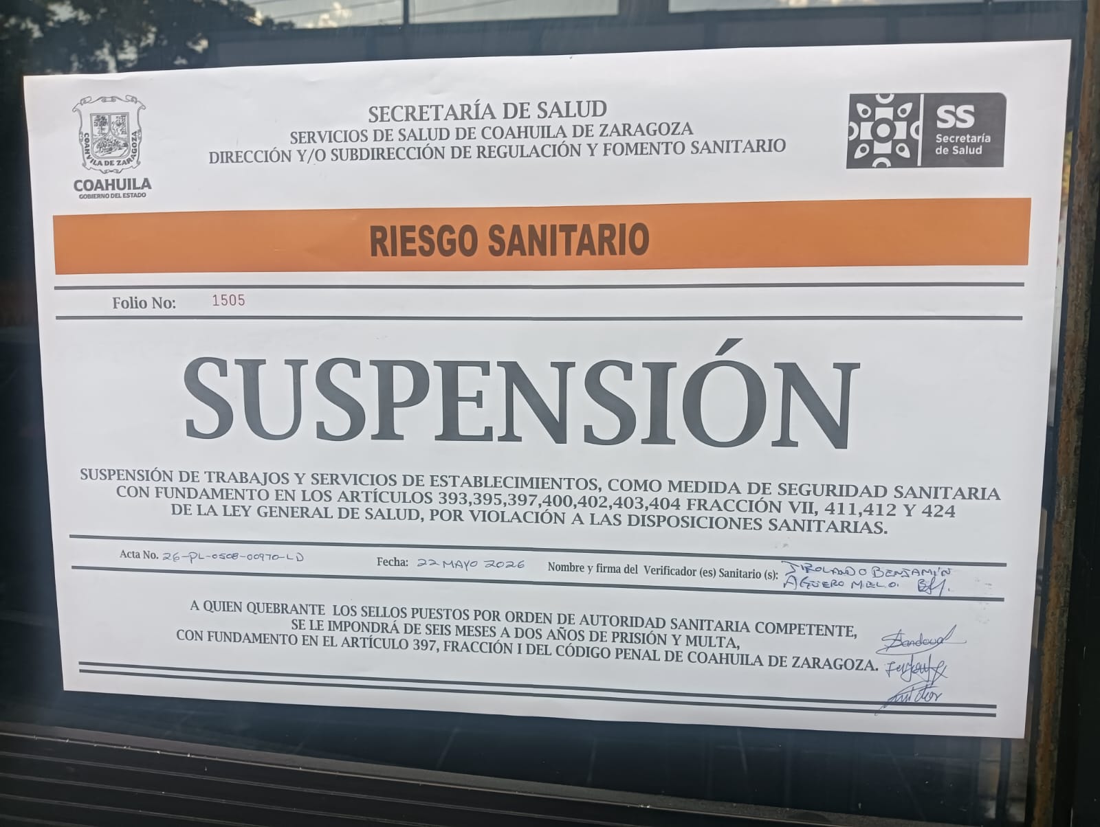 Clausuran restaurante de comida china en Parras