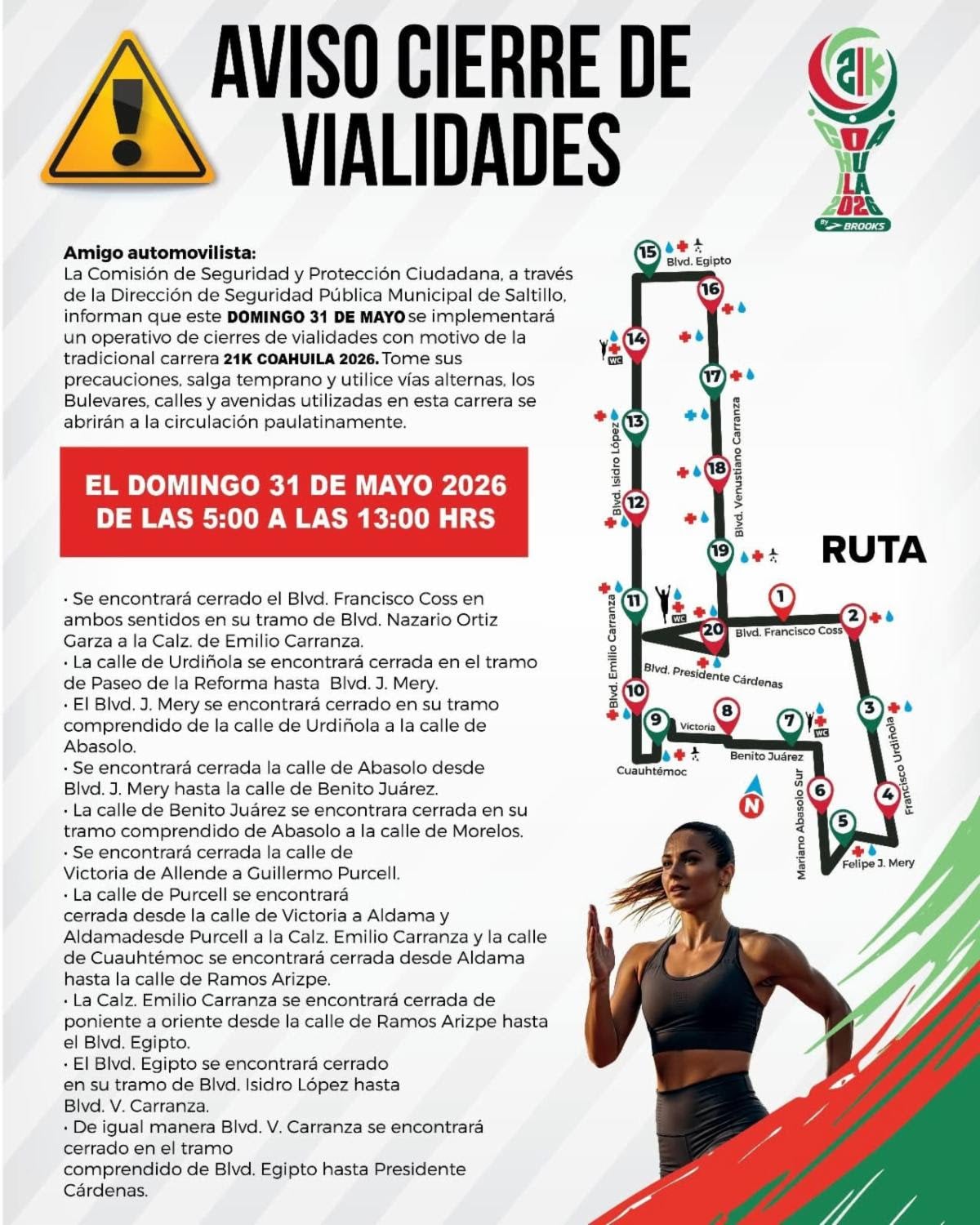 Alista Saltillo el operativo de seguridad y vialidad 21k