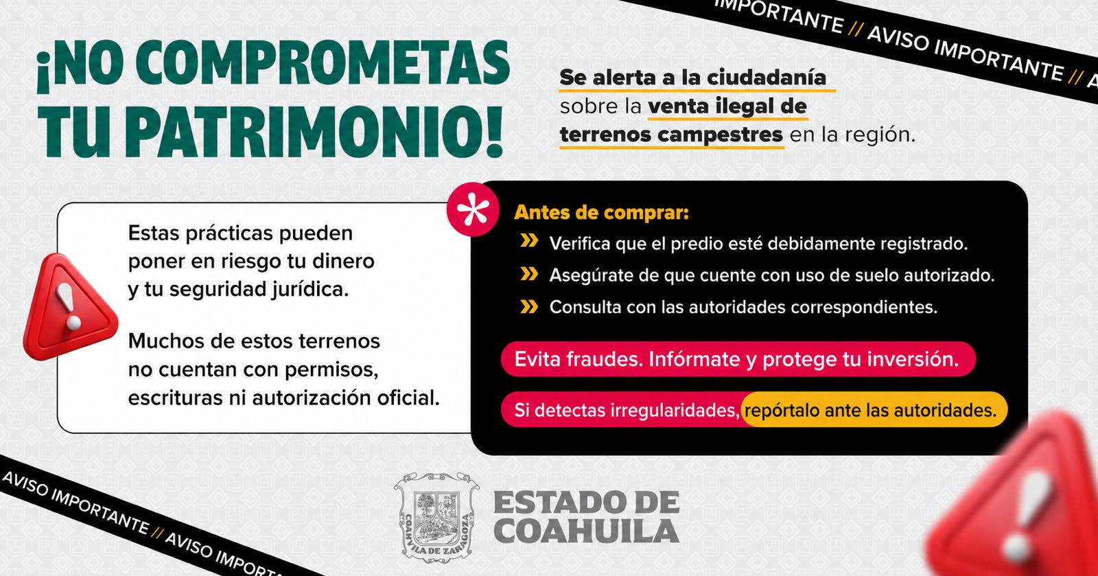 ADVIERTE GOBIERNO DEL ESTADO SOBRE RIESGOS DE COMPRAR TERRENOS SIN AUTORIZACIÓN
