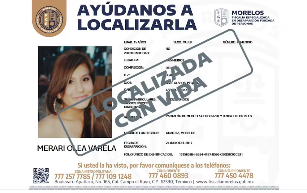 Encuentran con vida a Merari Olea, joven buscada en Cuautla desde 2017
