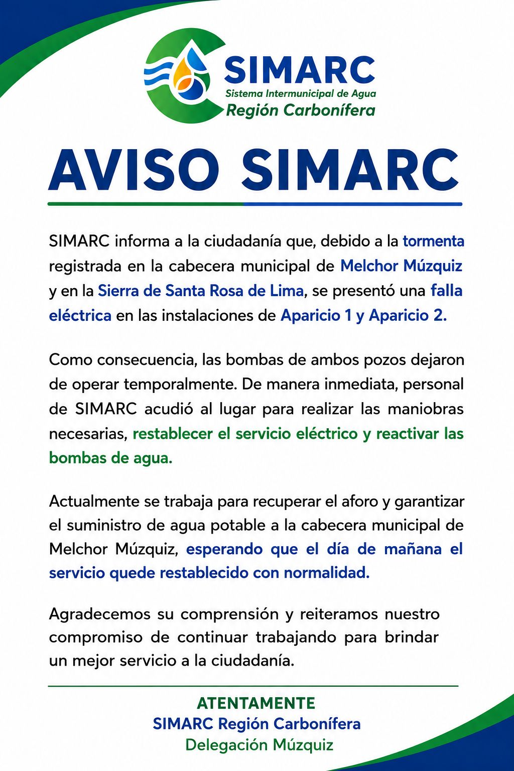RESTABLECE SIMARC BOMBEO EN POZOS APARICIO 1 Y 2