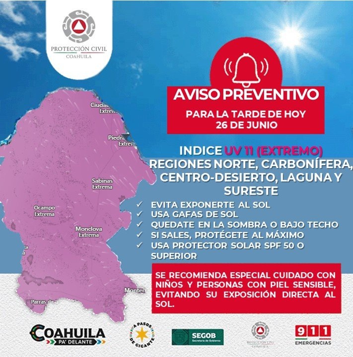 Alerta PC Coahuila por radiación extrema