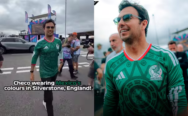 Checo Pérez «presume» la playera de la Selección Mexicana, durante el Gran Premio de Gran Bretaña